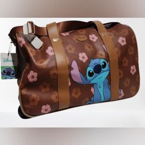 NWT Disney Stitch Duffle Bag Brown Pink Rolling Pull Handle Straps Faux Leather